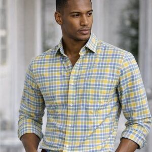Lands End Mens Supima No Iron Oxford Shirt Yellow Blue Plaid 18.5-35 Big